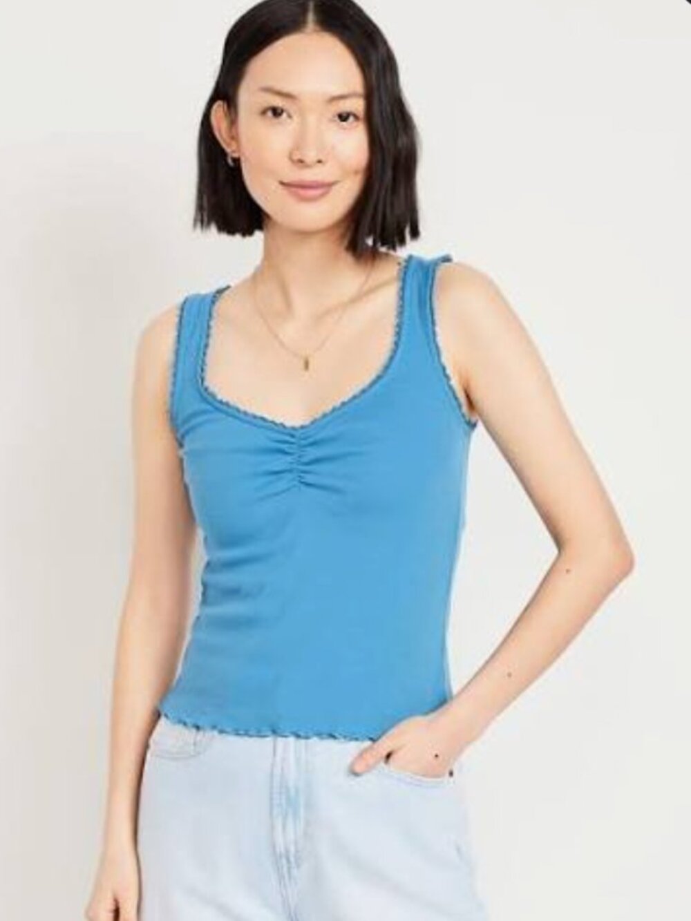Black Old Navy Ribbed Cinched-Front Tank Top in Size Small with Lettuce-Edge Hem